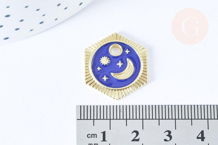 Pendentif hexagone lune étoiles bleu zamac doré 18k cristal zircon 23mm,sans nickel, pendentif chance, x1 G6681