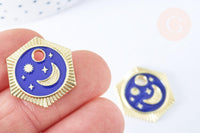 Pendentif hexagone lune étoiles bleu zamac doré 18k cristal zircon 23mm,sans nickel, pendentif chance, x1 G6681