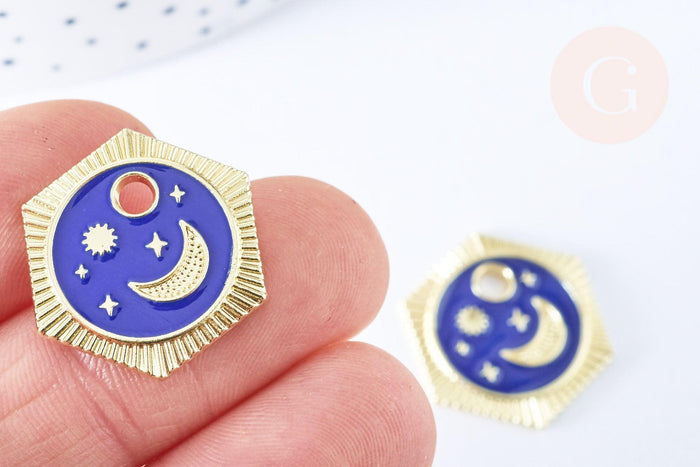 Pendentif hexagone lune étoiles bleu zamac doré 18k cristal zircon 23mm,sans nickel, pendentif chance, x1 G6681