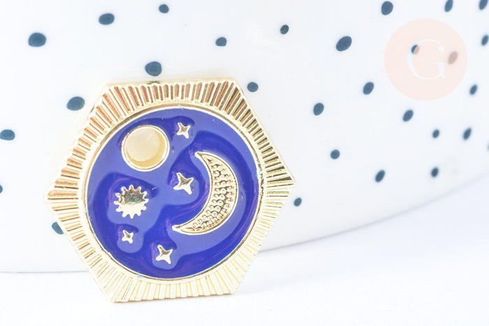 Pendentif hexagone lune étoiles bleu zamac doré 18k cristal zircon 23mm,sans nickel, pendentif chance, x1 G6681
