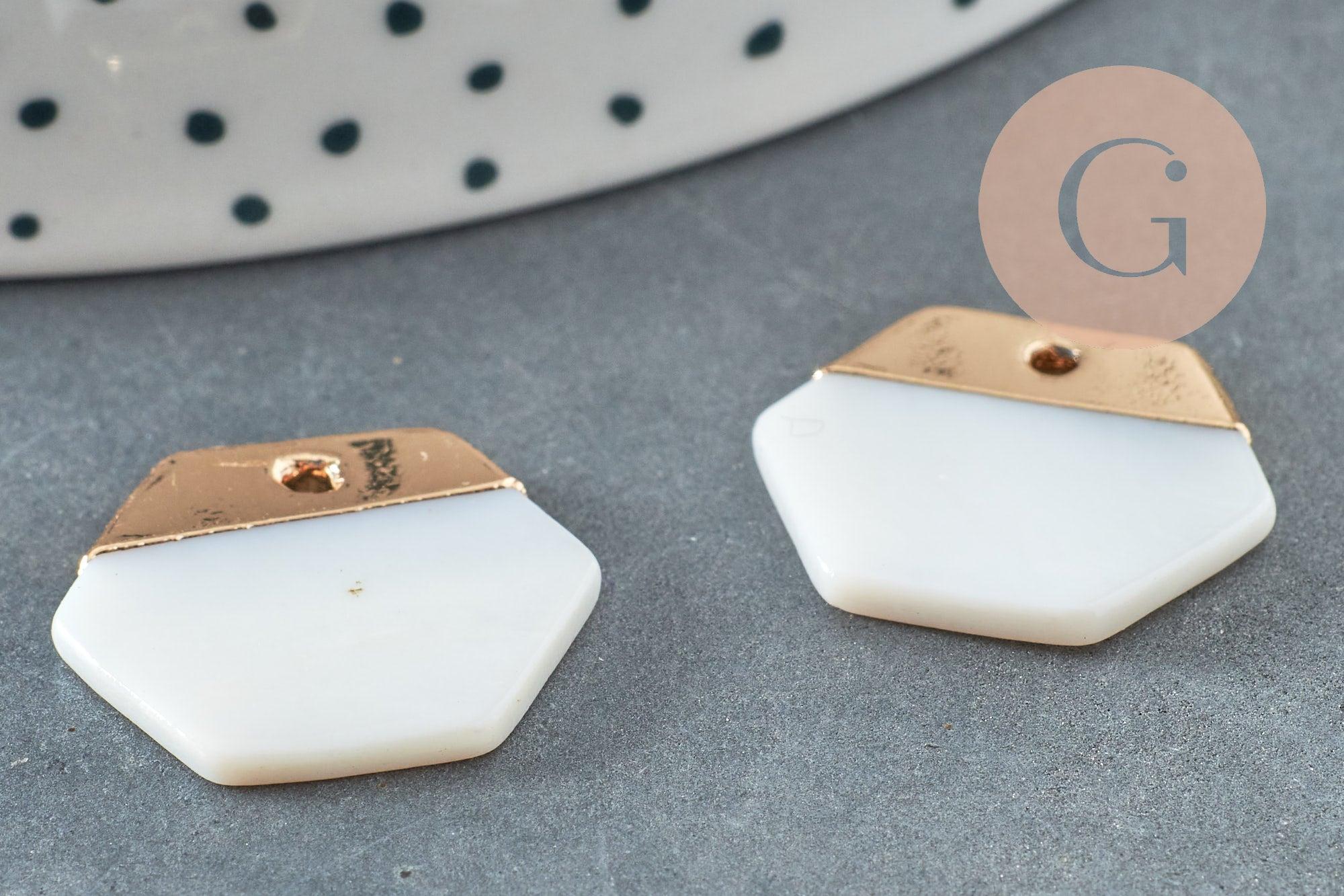 Pendentif hexagone nacre blanche naturelle doré,pendentif hexagone nacre,coquillage blanc, 20mm, x2 G2998
