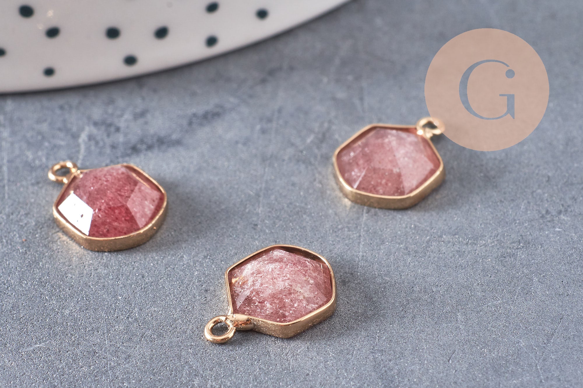 Pendentif hexagone quartz fraise 15mm,pendentif pierre,pendentif collier,pierre naturelle,pendentif quartz, quartz naturel, x1 G5629