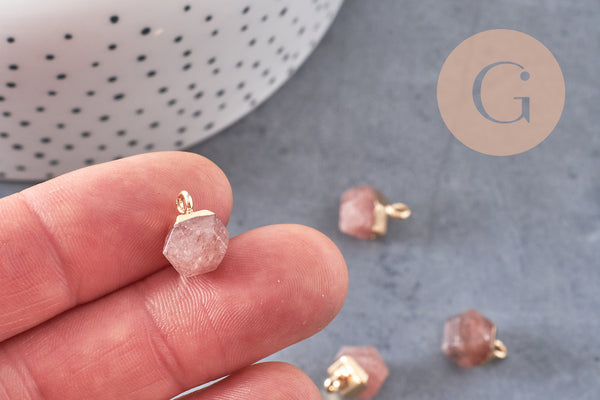 Pendentif hexagone quartz fraise,pendentif bijoux,pendentif pierre,quartz fraise naturel,pendentif quartz fraise,11mm, x1,G3157
