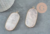 Rose-quartz stone pendant framed in gold bezel on dark surface, showcasing the Pendentif hexagone quartz rose naturel 49mm (G2506), emphasizing its boho-chic style.
