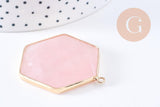 Pendentif hexagone quartz rose naturel laiton doré 45mm, x1 (G2718)