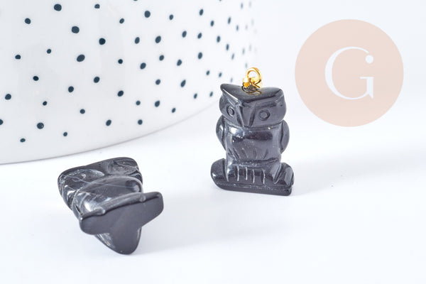 Pendentif hibou agate noir support doré 23mm, pendentif pierre création bijoux, x1, G8639