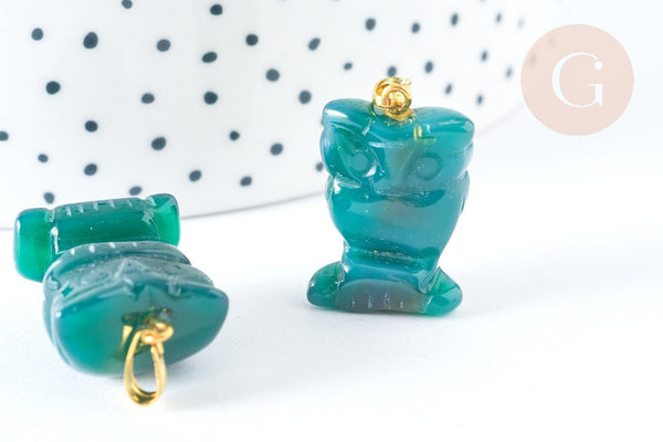 Pendentif hibou agate verte support doré 20mm, pendentif pierre agate naturelle verte,pierre naturelle, x1, G7570