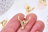 Pendentif laiton doré 16K tête de vache & zircon 21mm, bijou en laiton doré sans libération de nickel, x1 G5854