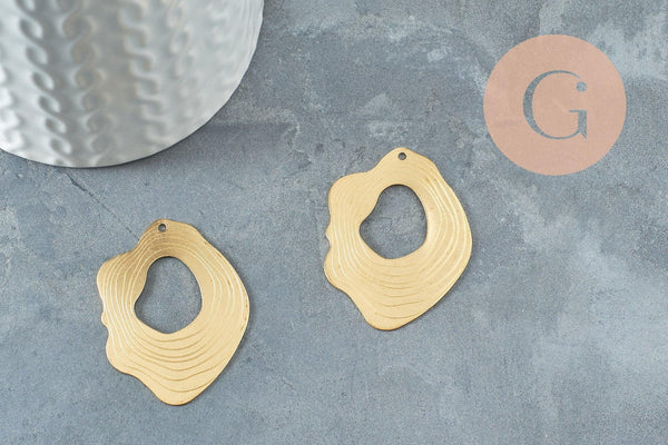 Pendentif laiton doré ovale vague striée 41mm, fourniture en laiton brut sans nickel pour création bijoux géométriques, X2 (G4682)