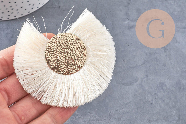 Pendentif large pompon fil blanc écru or support doré,création boucles oreille, pendentif fil or, 70-80mm, x 2 (G4531)