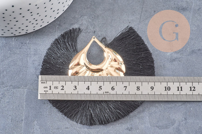 Pendentif large pompon fil noir support doré,pendentif en fil sur support doré, 85-92mm, x2 (G4533)