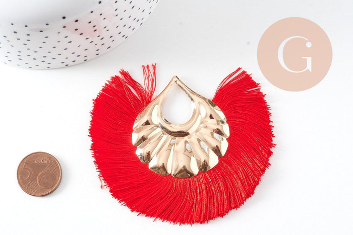 Pendentif large pompon fil rouge support doré,pendentif en fil sur support doré, 85-92mm, x 2 (G4534)