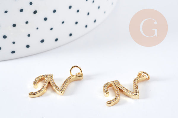 Pendentif lettre N initiale laiton doré zircon blanc 16mm, pendentif initiale prénom x1 G8758