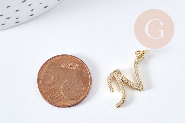 Pendentif lettre N initiale laiton doré zircon blanc 16mm, pendentif initiale prénom x1 G8758