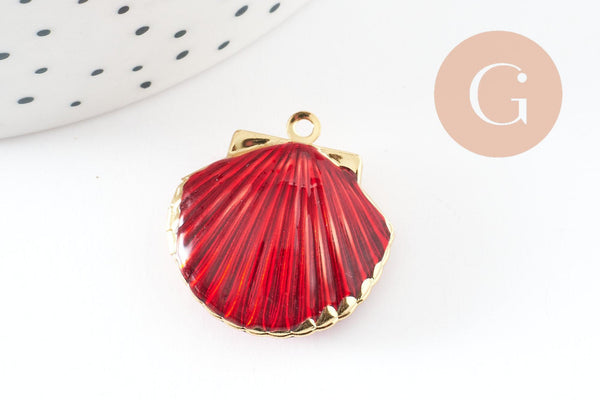 Pendentif locket coquillage laiton doré 18K émaillé 23.5mm, Pendentif création bijoux x1 G9551