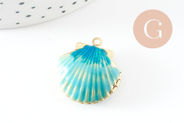 Pendentif locket coquillage laiton doré 18K émaillé 23.5mm, Pendentif création bijoux x1 G9551