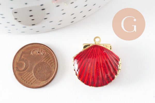Pendentif locket coquillage laiton doré 18K émaillé 23.5mm, Pendentif création bijoux x1 G9551