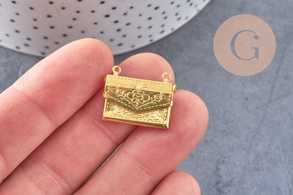 Pendentif locket enveloppe laiton doré 21.8mm, médaillon Vintage pour création collier x1 (G3321)