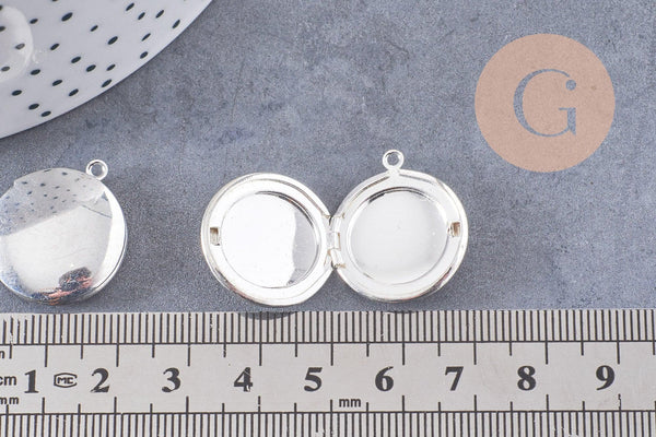 Pendentif locket medaillon zamac argenté 20mm, x2 (G1514)