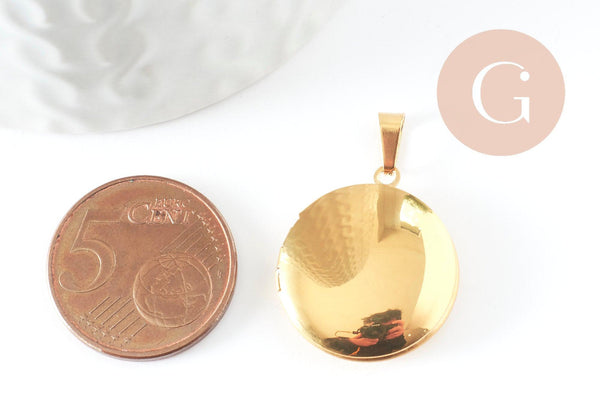 Pendentif locket rond acier 316 inoxydable doré IP 18K 23mm, x1 (G9461)