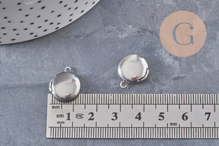 Pendentif locket rond acier 316 inoxydable platine 16mm, x1 (G10985)