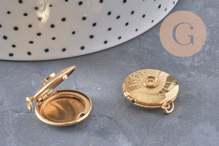 Pendentif locket rond gravé soleil acier 316 inoxydable doré IP 18K 23mm, x1 (G10972)