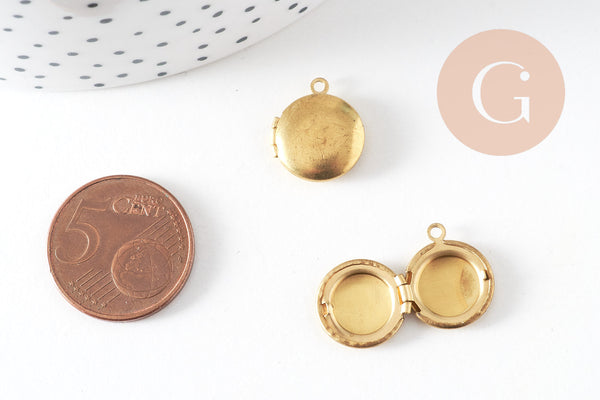 Pendentif locket rond medaillon laiton brut, médaillon Vintage,création collier, 12mm, x2 (G1038)