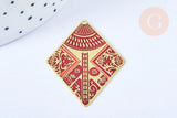 Pendentif losange gravé laiton doré email rouge 38.5mm, x1 (G6693)