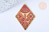 Pendentif losange gravé laiton doré email rouge 38.5mm, x1 (G6693)