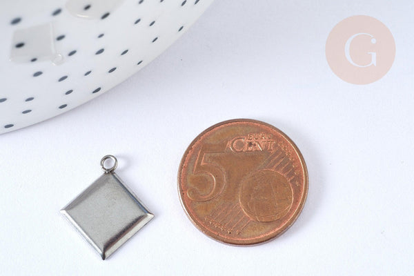Pendentif losange support cabochon rond acier inoxydable argenté 17-18mm, x2 (G7246)