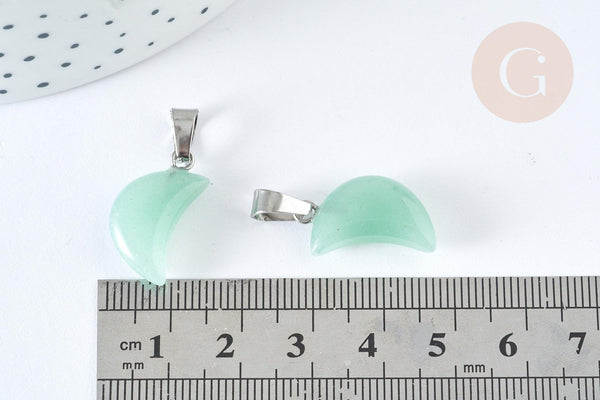 Pendentif lune aventurine verte naturelle support laiton argenté 29mm, pendentif lune bijou pierre naturelle, x1 (G7930)