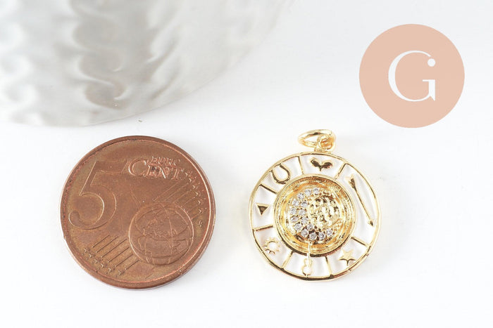 Pendentif lune doré 18K émail blanc zircon,pendentif lune doré horoscope,porte-bonheur,laiton doré,20mm, x1 (G5329)