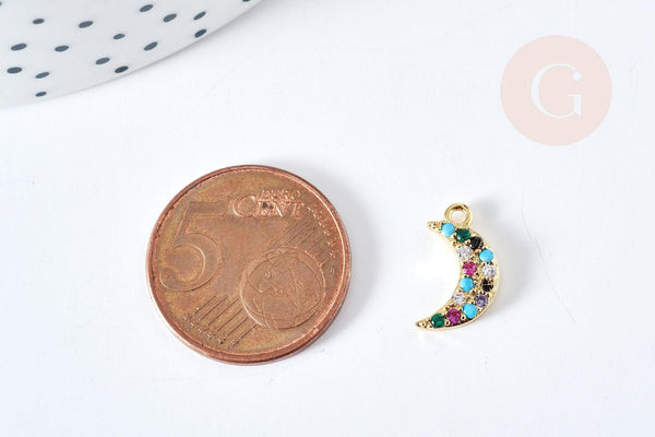 Pendentif lune doré cristal zircons multicolores 13.5mm, pendentif laiton doré amour création bijoux, x1 G8516