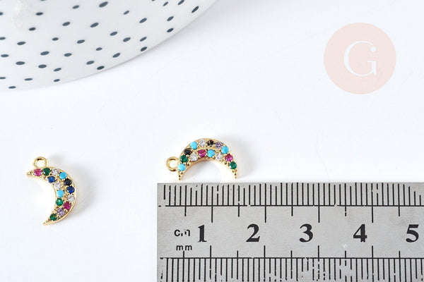 Pendentif lune doré cristal zircons multicolores 13.5mm, pendentif laiton doré amour création bijoux, x1 G8516