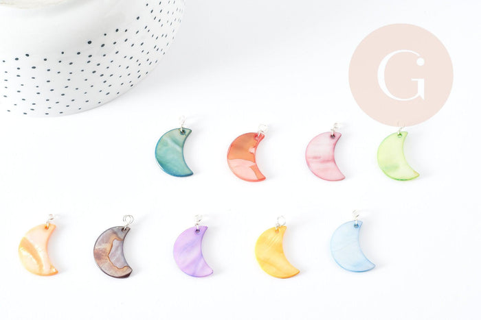 Pendentif lune en nacre multicolore support cuivre argenté 28.5mm, pendentif lune coquillage bijoux DIY x1 G9155