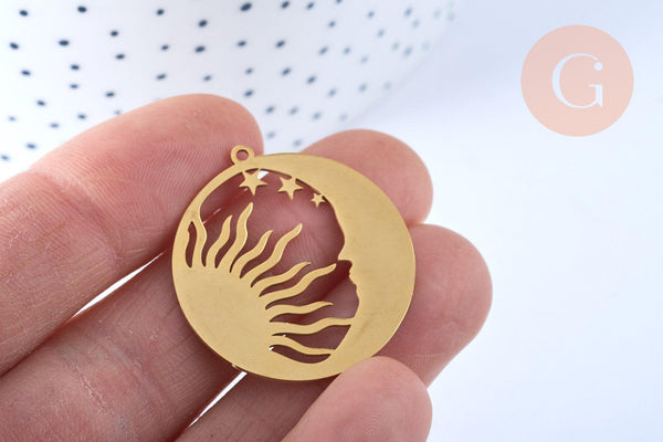 Pendentif lune et soleil acier 201 inoxydable doré 32mm, breloque acier inoxydable doré pour création bijoux, x1 G6187