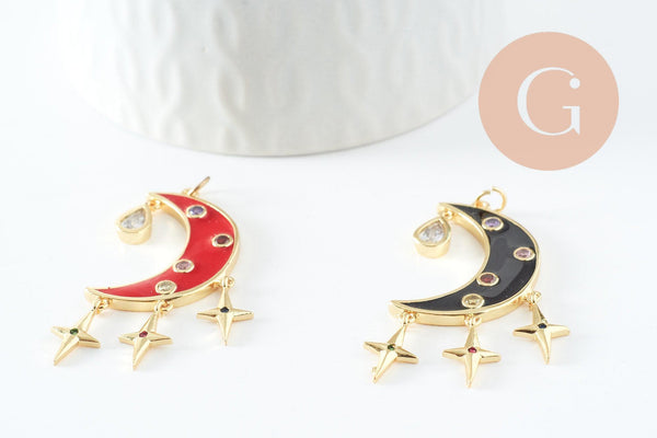 Pendentif lune étoiles émaillé laiton doré 45mm, x1 (G5335)