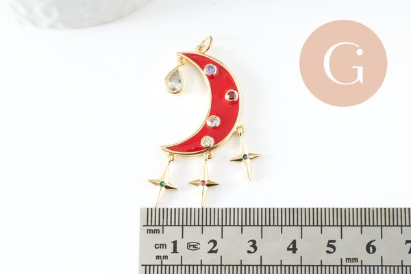 Pendentif lune étoiles émaillé laiton doré 45mm, x1 (G5335)
