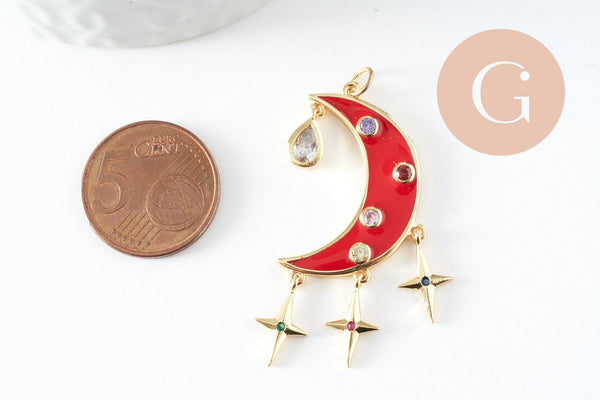 Pendentif lune étoiles émaillé laiton doré 45mm, x1 (G5335)