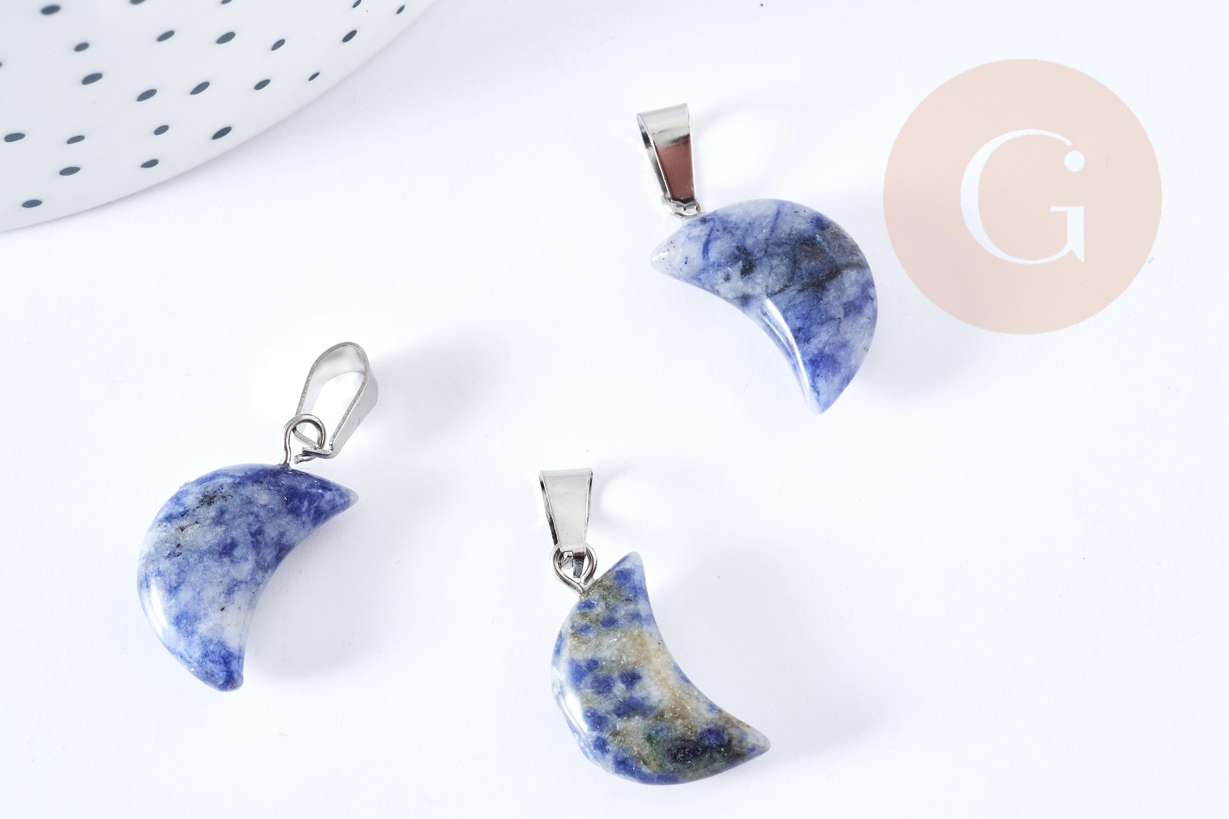 Pendentif lune jaspe bleu naturel support laiton argenté 24mm, pendentif lune bijou pierre naturelle, x1 (G8635)