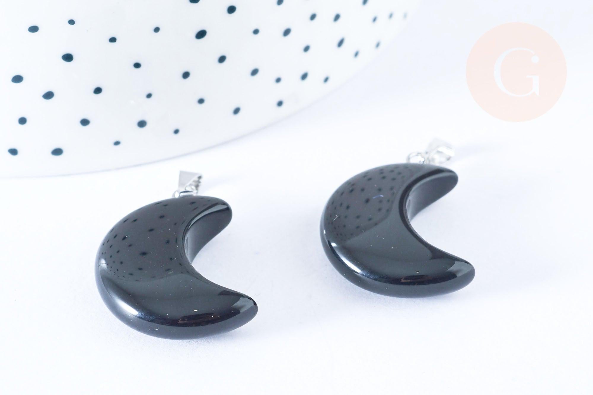 Pendentif lune obsidienne noire naturelle support laiton argenté 29mm, x1 (G6996)