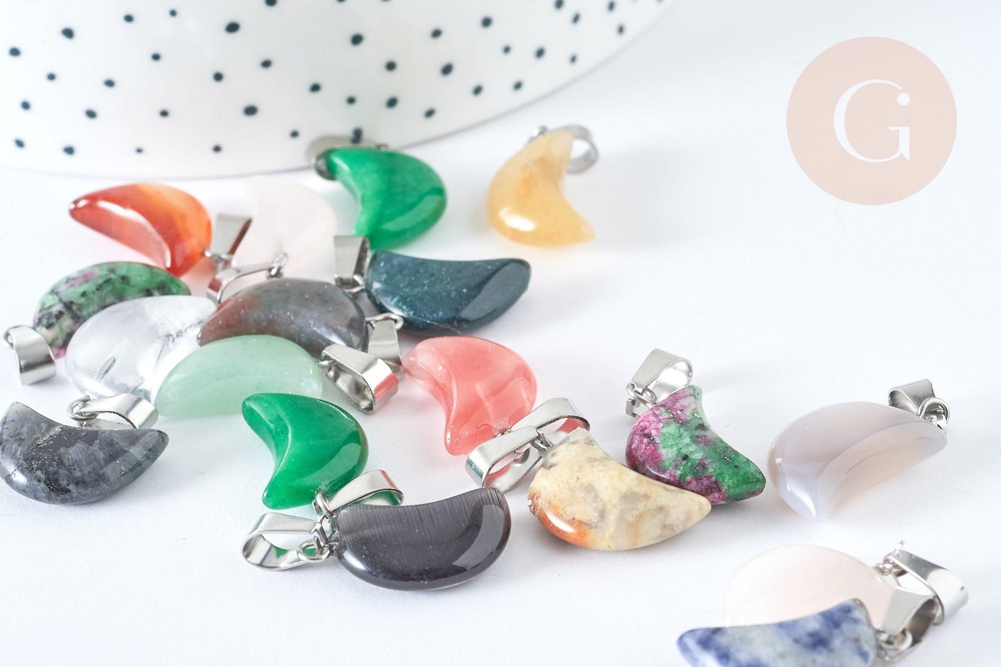 Pendentif lune pierre naturelle support laiton platine 21~24mm, pendentif lune bijou pierre naturelle, x1 G(7957)