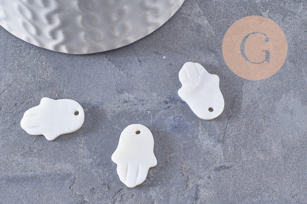 Pendentif main hamsa nacre blanche naturelle 20mm, x1 (G9933)
