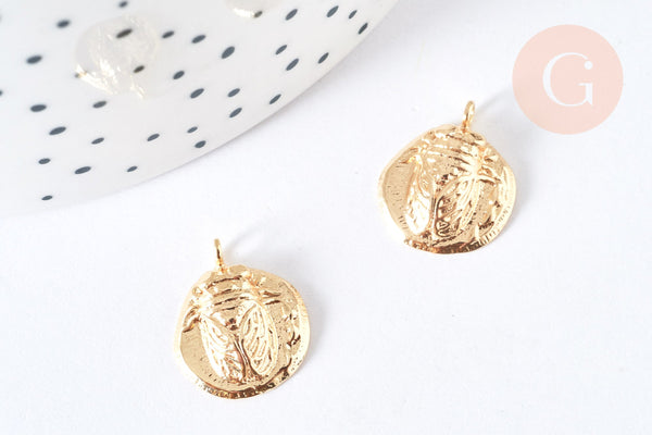 Pendentif médaille Cigale rond plat laiton doré 16,5mm,crétion bijou insecte doré, x1 G7122