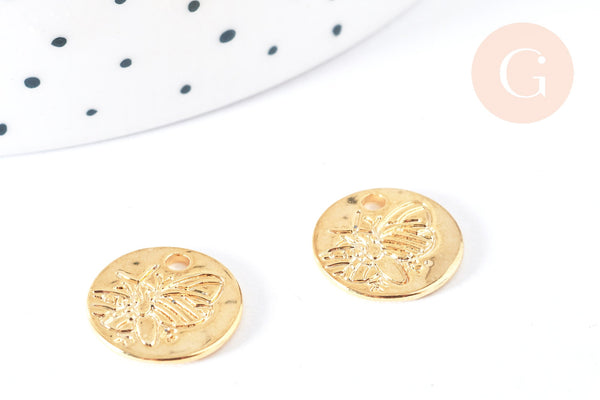 Pendentif médaille abeille zircon laiton doré 18K 13mm, fournitures bijoux, breloque laiton doré, x1 G7121