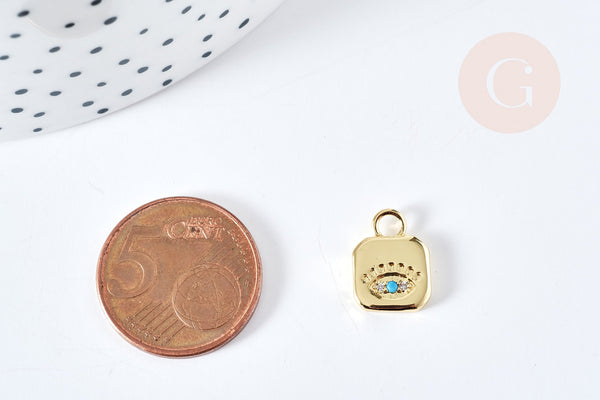 Pendentif médaille carré oeil protecteur laiton doré zircon 13mm, x1 (G8588)