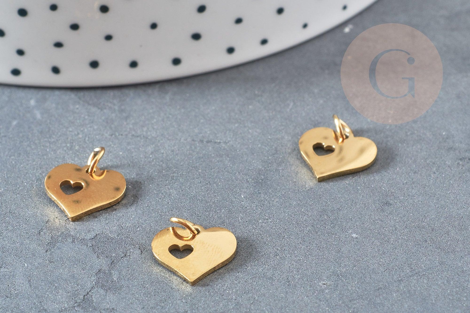 Pendentif médaille coeur acier 304 inoxydable doré 12mm, x1 (G2993)