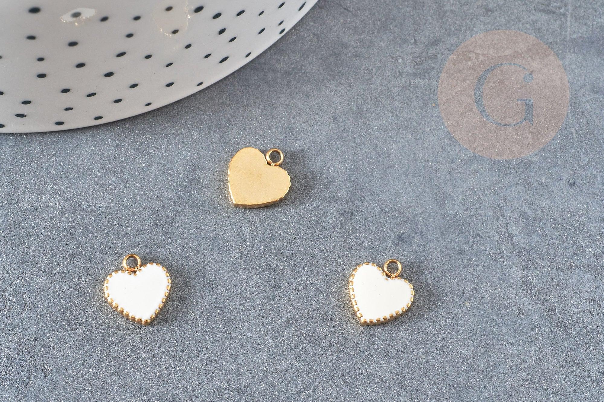 Pendentif médaille coeur acier 304 inoxydable doré émail blanc 11mm, x1 (G4884)