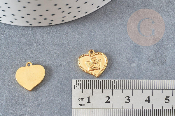Pendentif médaille coeur ange acier 304 inoxydable doré 15mm, pendentif doré baptême x1 G4846