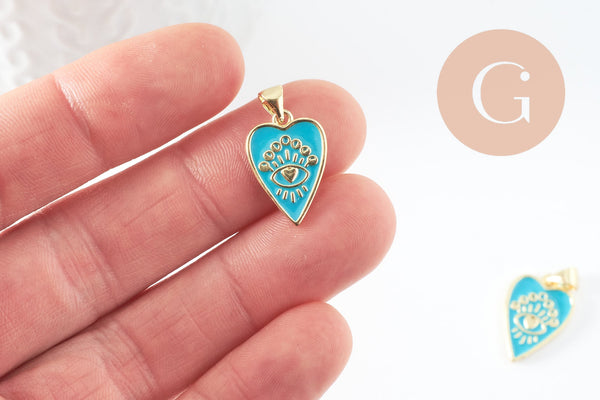 Pendentif médaille coeur émail vert laiton doré 18K , pendentif laiton amour pour création bijoux,18.5mm, x1 (G5318)